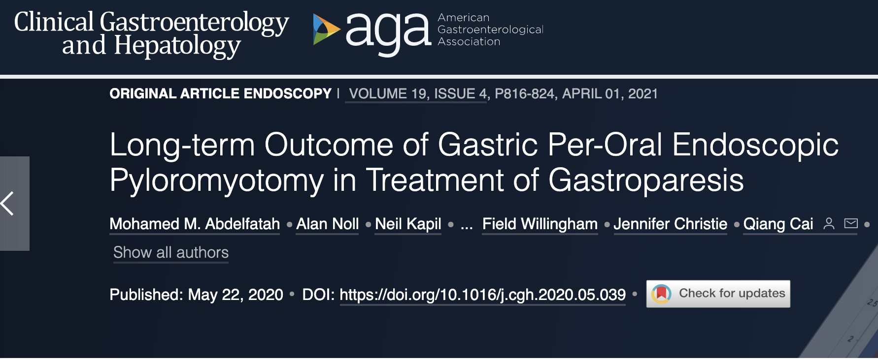 Clin Gastroenterology H: 胃经口内镜下幽门切开术治疗胃轻瘫的远期疗效分析