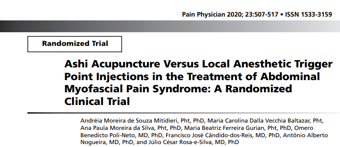 Pain Physician：Ashi针灸治疗 VS. 局部麻醉注射治疗腹肌筋膜疼痛综合征的疗效对比
