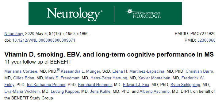 Neurology：维生素D、吸烟和<font color="red">EBV</font>可预测多发性硬化症患者长期认知功能