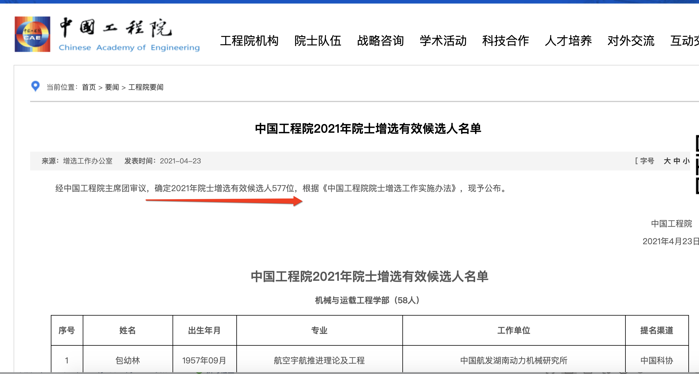 中国工程院2021年院士增选577位有效候选人名单公布，其<font color="red">中医药</font>卫生部84位有效候选人