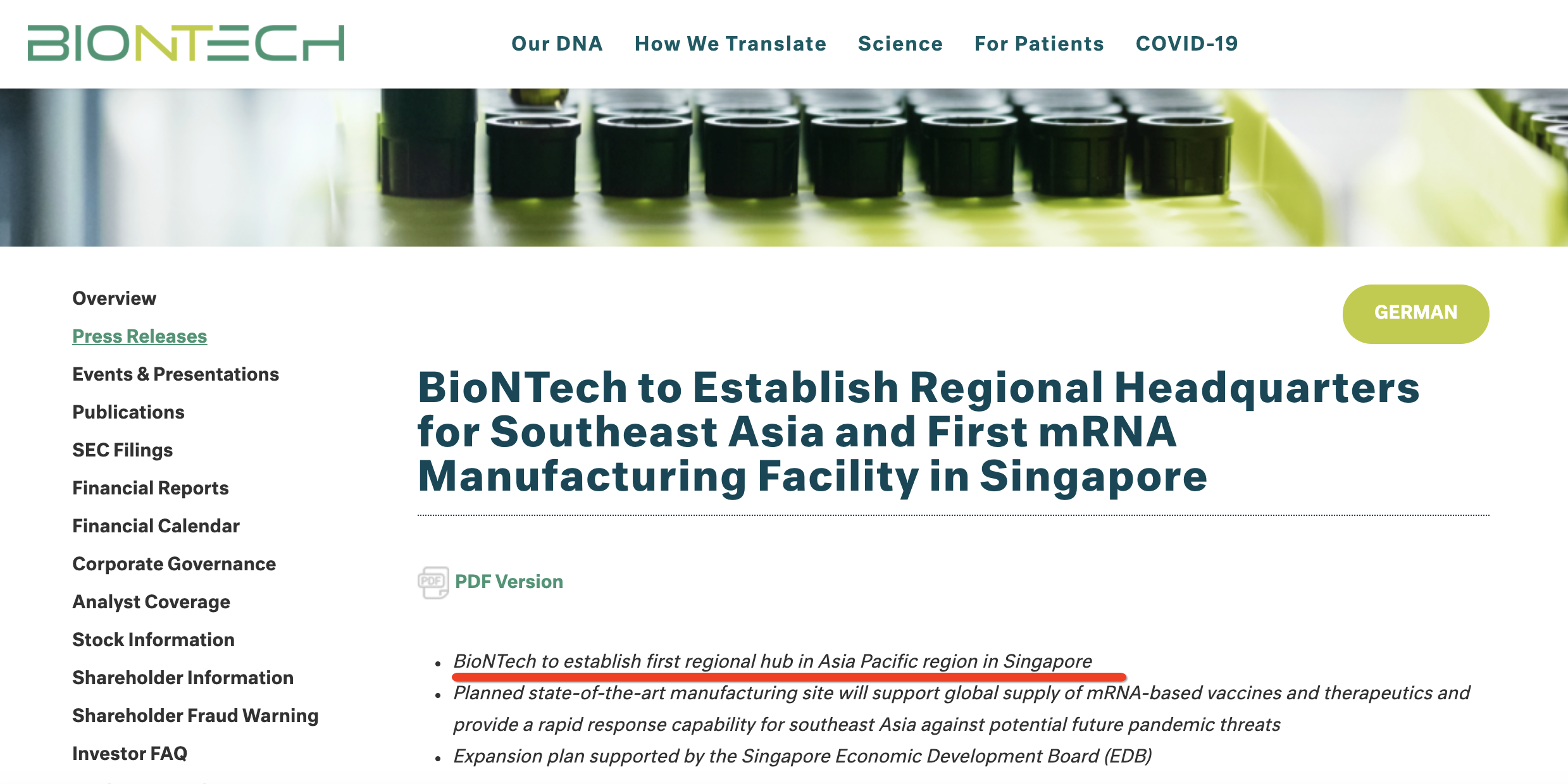 BioNTech将在新加坡、中国设厂生产mRNA新冠疫苗