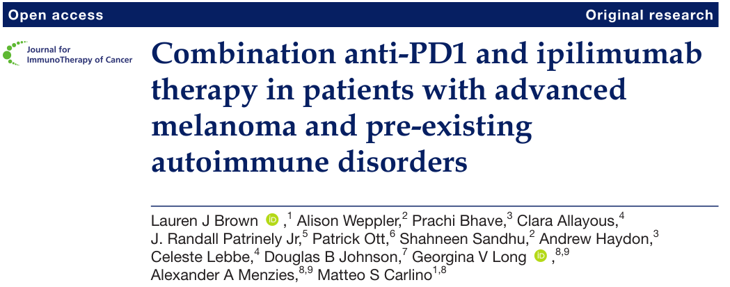 J Immunother Cancer：PD1抑制剂联合<font color="red">ipilimumab</font>在伴有自身免疫疾病晚期黑素色瘤患者的疗效与安全性