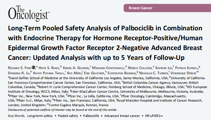 The Oncologist：Palbociclib联合内分泌治疗HR+/HER2-转移<font color="red">性</font><font color="red">乳腺癌</font>的安全<font color="red">性</font>分析：来自PALOMA系列5年随访综合分析更新