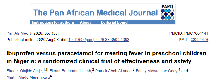 <font color="red">Pan</font> Afr Med J：在治疗五岁以下儿童的发烧方面，布洛芬与扑热息痛更有效