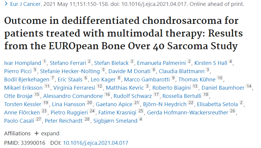 Eur J Cancer：术后加入化疗可改善<font color="red">去</font><font color="red">分化</font>软骨肉瘤（DDCS）预后: 来自EUROpean Bone Over 40 Sarcoma研究亚组分析结果