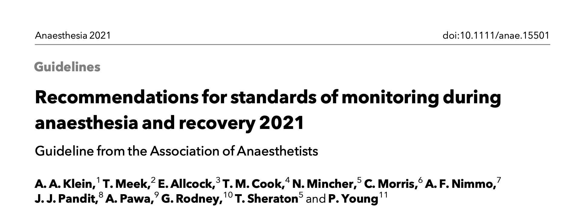2021 AA指南：麻醉和恢复期间监测标准建议
