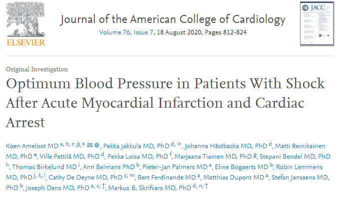 J Am Coll Cardiol：<font color="red">急性</font>心肌<font color="red">梗塞</font>和心脏骤停后休克患者的最佳血压值是多少？