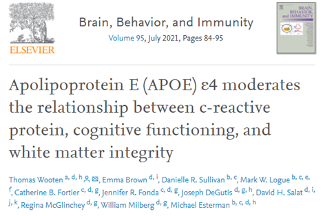 Brain Behav Immun：载脂蛋白E(APOE)ε4调节C反应蛋白、认知功能和<font color="red">白质</font><font color="red">完整性</font>之间的关系