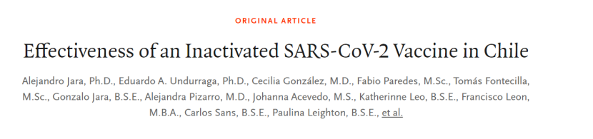 NEJM：真实世界研究数据表明<font color="red">科兴</font>SARS-CoV-2灭活疫苗可有效预防Covid-19