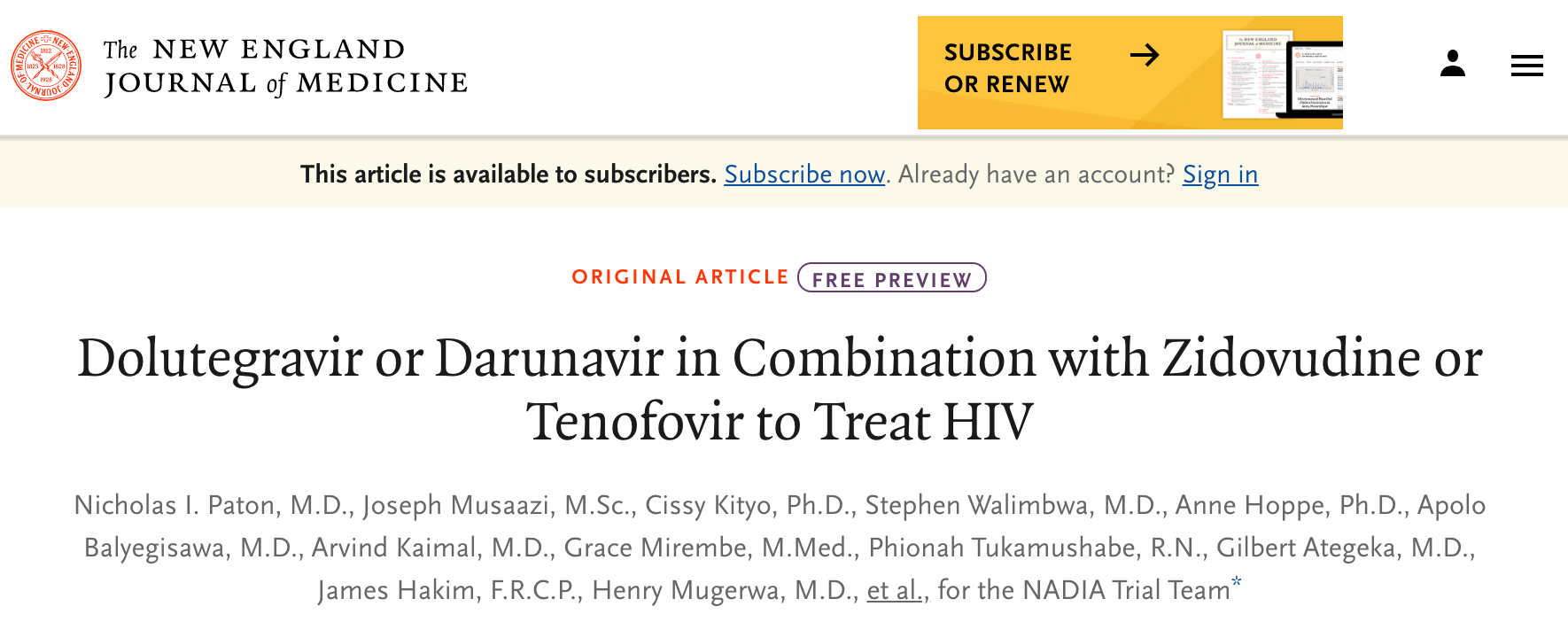 NEJM：多替拉韦或达芦那韦联合齐多夫定或替诺福韦治疗HIV感染的比较的析因研究（NADIA研究）