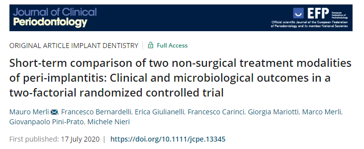 J Clin Periodontol：<font color="red">种植</font>体周围炎的两种非手术治疗方式的短期比较——双因素随机对照试验的临床和微生物学结果