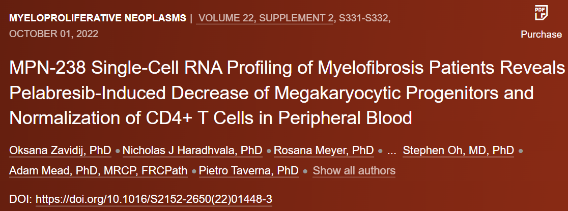 Clin <font color="red">Lymphoma</font> Myeloma Leuk：骨髓纤维化患者的MPN-238单细胞RNA分析显示pelabresib诱导的巨核细胞祖细胞减少和外周血中CD4 + T细胞的正常化