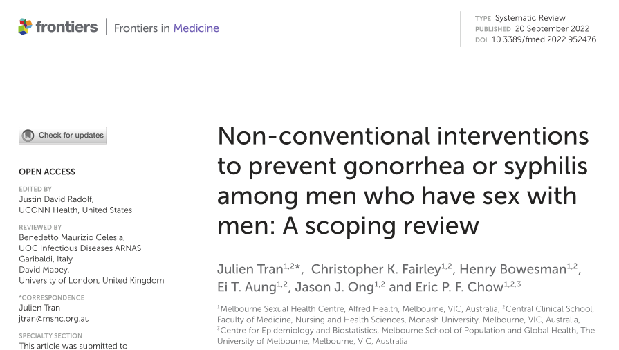 Front Med：在男男性行为者中预防淋病或梅毒的非常规干预措施