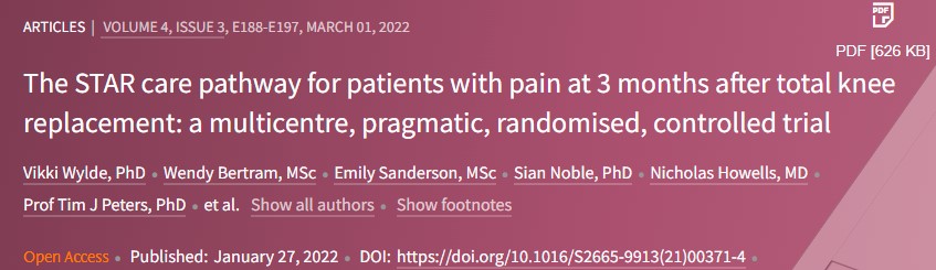 <font color="red">Lancet</font> <font color="red">rheumatology</font>：全膝关节置换术后3个月疼痛患者的STAR护理途径：一项多中心、务实、随机、对照试验