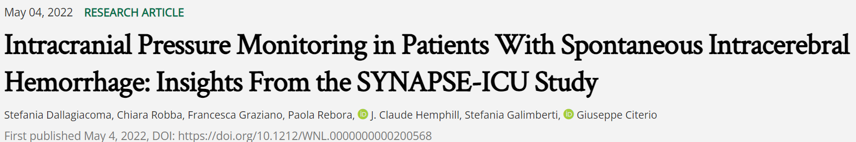 神经病学:自发性脑出血患者的颅内压监测:来自SYNAPSE-ICU研究的启示