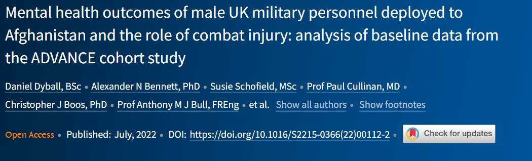 Lancet Psychiatry：参加阿富汗战争军事人员的心理健康与战斗伤害的关系