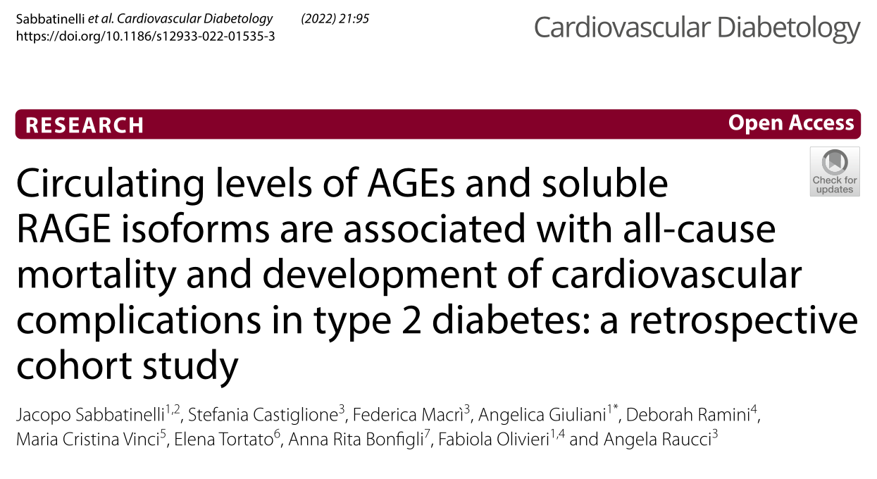心血管糖尿病:在二型糖尿病 AGEs和可溶性RAGE亚型的循环水平与全因死亡率和心血管并发症相关