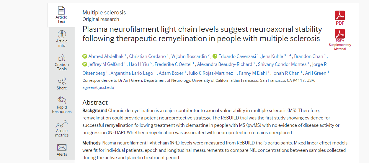 JNNP:血浆神经丝轻<font color="red">链</font>水平与多发性硬化患者治疗性再髓鞘化后神经轴突发育的关系