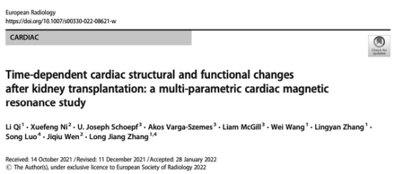 欧洲放射学:肾移植后磁共振心脏结构和功能的时间依赖性变化