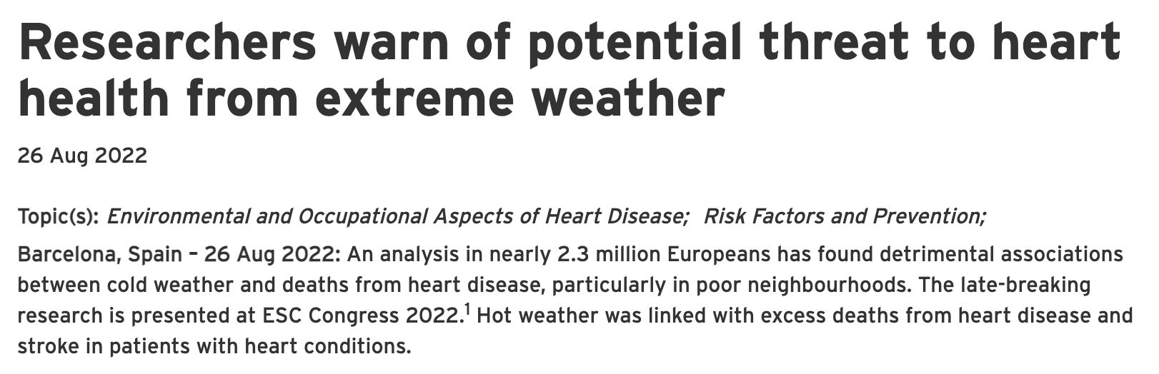 ESC 2022：研究人员警告极端天气对心脏健康的潜在威胁
