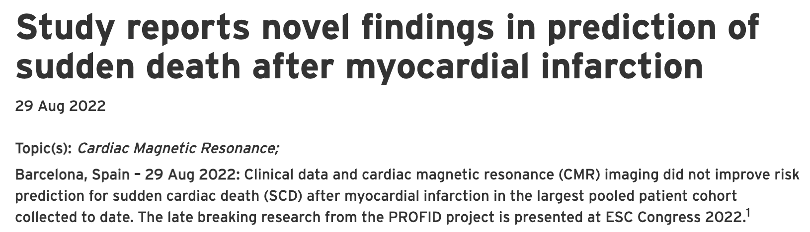 ESC 2022：心肌梗死后心源性猝死（SCD）风险的预测模型（PROFID研究）