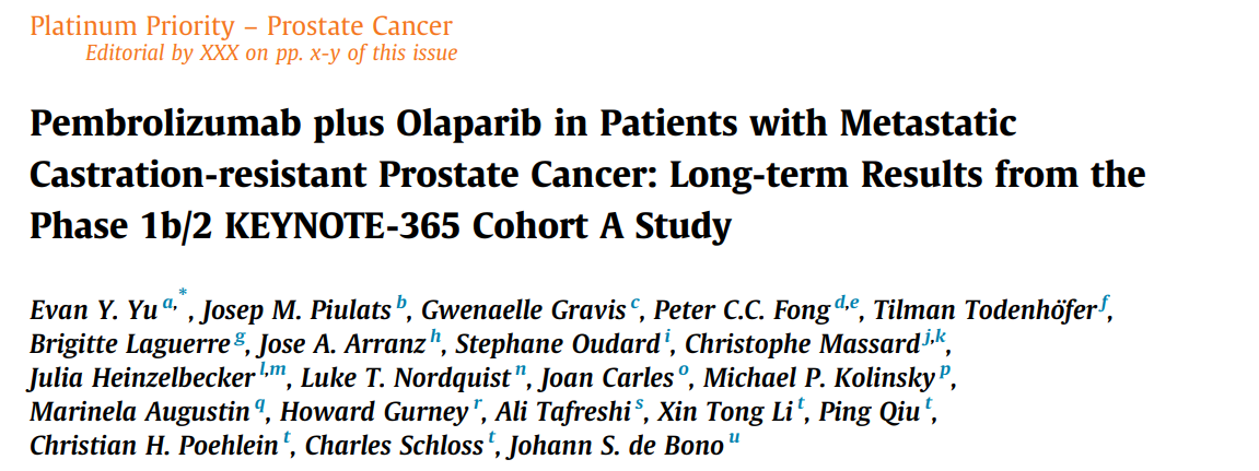 Pembrolizumab加Olaparib治疗转移去势抵抗性前列腺癌患者的长期结果
