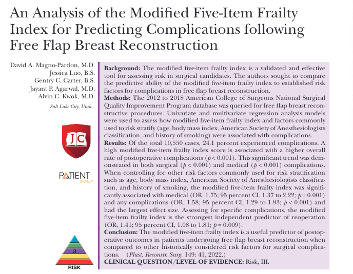 改良的五項虛弱指數在預測遊離皮瓣乳房重建術後並發症方麵是一種實用又直接的臨床工具