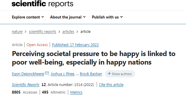 SCI REP-UK：幸福<font color="red">感</font>较高的国家中，有压力的人拥有的幸福更少