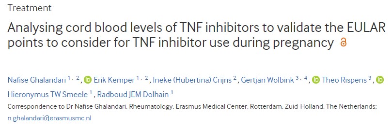 ARD：分析TNF抑制剂的脐带血水平以验证EULAR在怀孕期间使用TNF抑制剂的建议