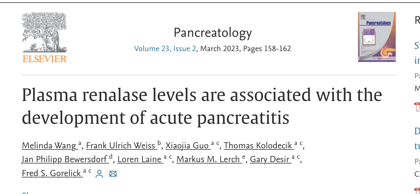 Pancreatology: 血漿腎酶水平與急性胰腺炎的發展有關