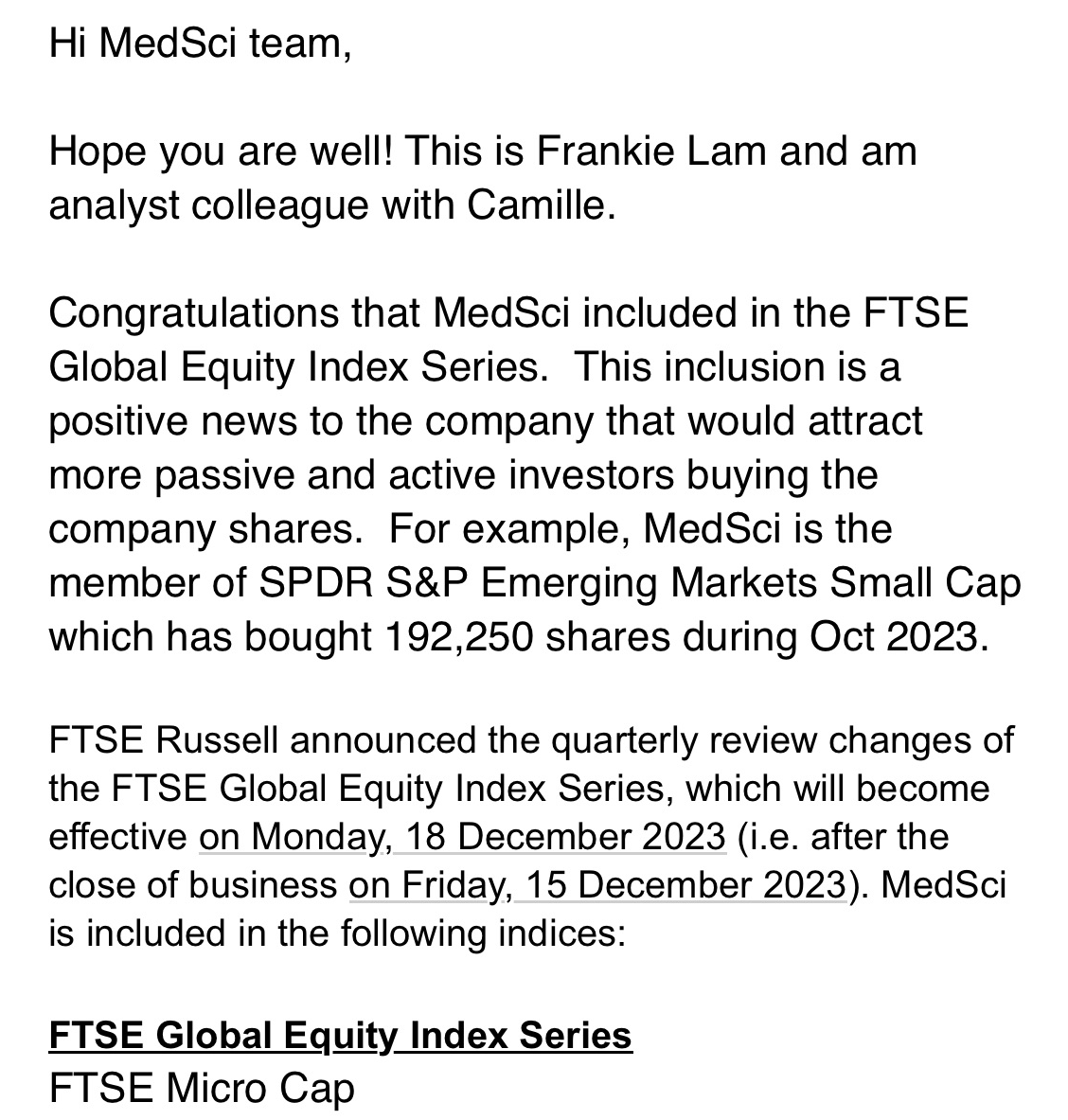 梅斯健康控股（股份代号：2415.HK）被纳入全球知名指数公司富时罗素系列