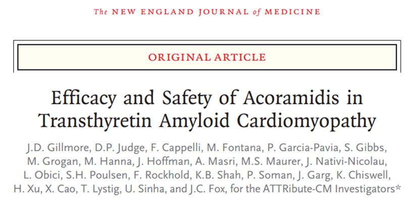 《新英格兰杂志》：Acoramidis治疗转甲状腺素蛋白心脏<font color="red">淀粉样</font><font color="red">变心肌病</font>的疗效和安全性