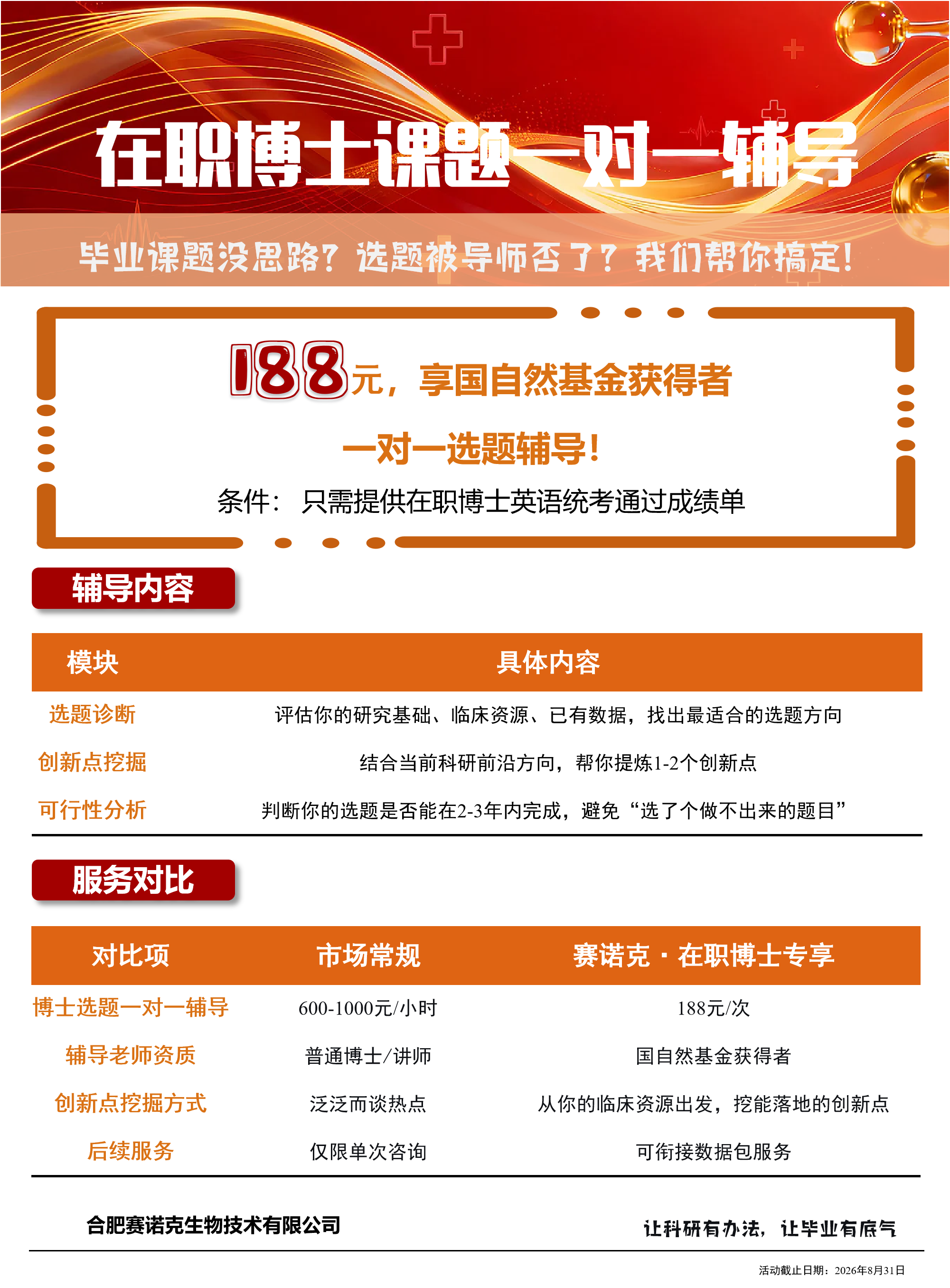 合肥賽諾克生物推出在職博士課題輔導計劃，188元享國自然專家一對一指導