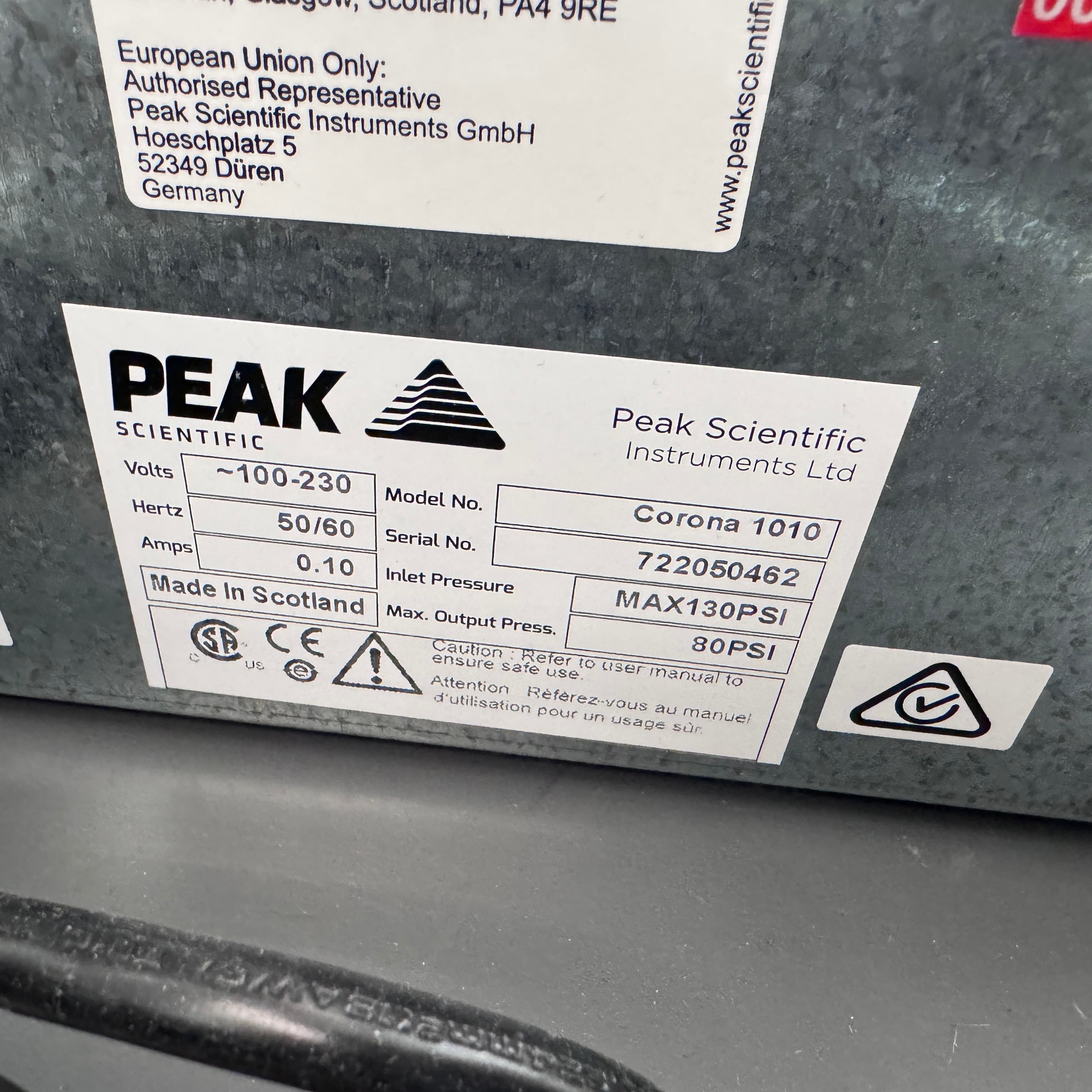 2023 年款 Thermo Scientific Corona Veo RS CAD 檢測器，配備 Peak 1010 氮氣發生器。