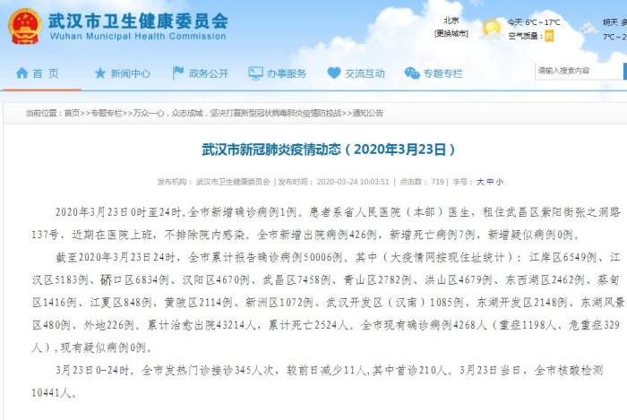 武汉通报新增1例确诊病例：系医生 不排除院内感染