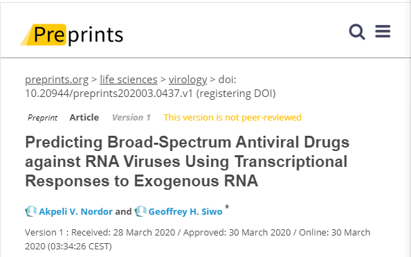 Preprints: 利用对外源性RNA的转录反应预测RNA<font color="red">病毒</font>的广谱抗<font color="red">病毒</font>药