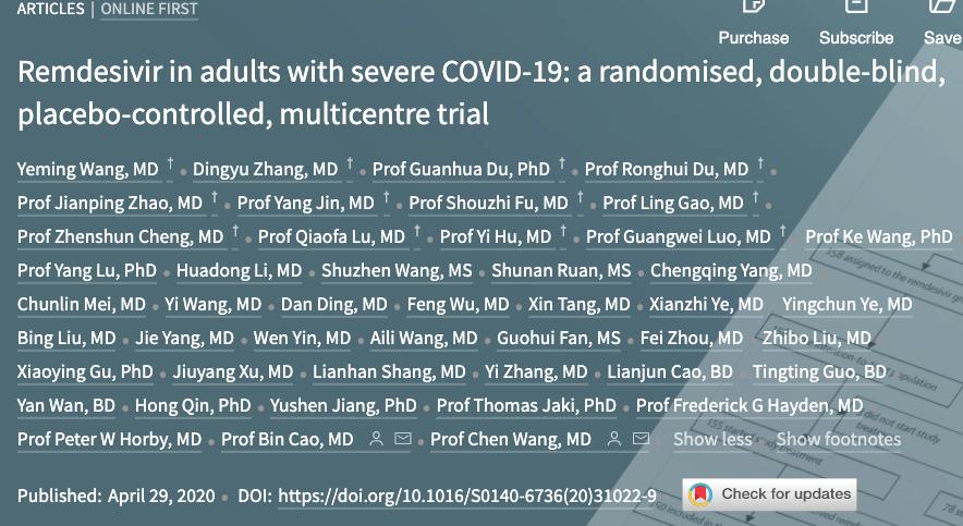 Lancet发布<font color="red">中国</font>最新研究成果，瑞德西韦治疗重症Covid-19<font color="red">患者</font>未见明显益处