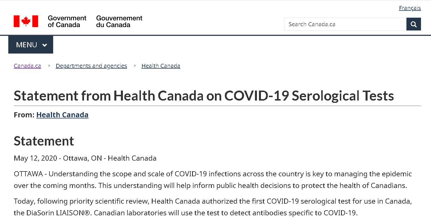 加拿大卫生部批准首例新冠<font color="red">病毒</font>抗体的血清学<font color="red">测试</font>