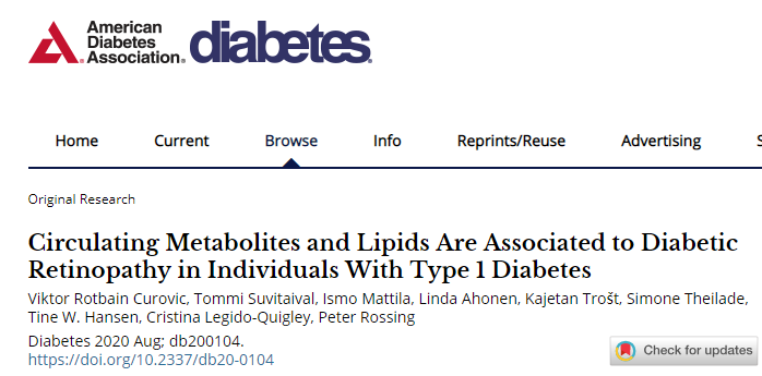 Diabetes：与1型糖尿病患者糖尿病<font color="red">性</font>视网膜病变有关的循环代谢物和脂<font color="red">质</font>