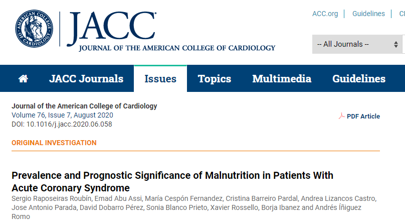 JACC：西班牙研究，营养不良提示心梗患者<font color="red">预后</font>差！