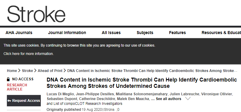 Stroke：血栓中DNA含量可帮助识别不明原因栓塞性卒中包含的心源性卒中病例
