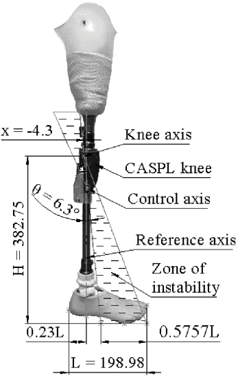 Fig. 4. - Axis configuration of the CASPL knee and the prosthesis set up of the subject. 
${z}$
 was calculated to be 0.5757.