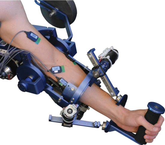 Fig. 1. - The MAHI Exo-II rehabilitation exoskeleton, capable of providing independent joint torques for four anatomical degrees of freedom. This userâs arm is fitted with surface EMG electrodes at eight locations covering muscles that control the elbow and wrist.