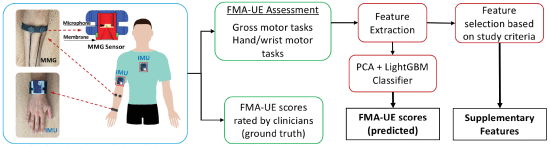 Fig. 1. - Schematic diagram illustrating the instrumentation and major stages of the study. IMUs are located in three locations: torso, upper arm, wrist. MMGs are located on the underside of the forearm. Major stages of the study highlighted are the classification of FMA-UE task scores and production of the supplementary features.