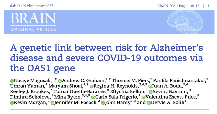 COVID-19感染后严重结局与阿尔茨海默病的致病<font color="red">遗传</font>联系