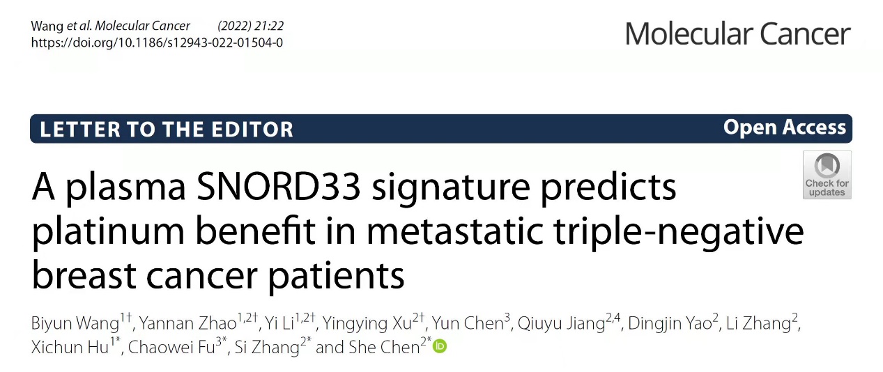 Mol Cancer：新型生物标志物SNORD33可预测三阴性乳腺癌对铂类化疗敏感性