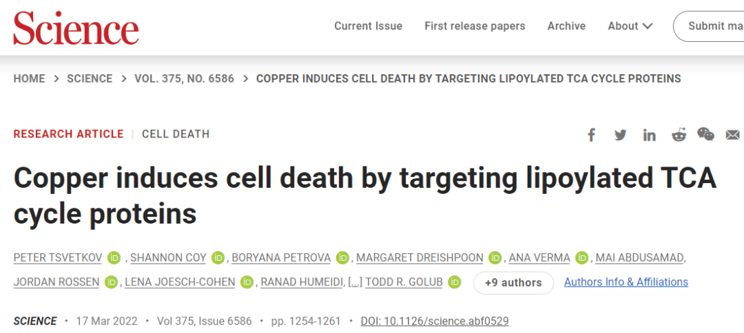 Science：细胞新的死亡方式——铜死亡被发现