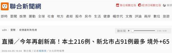 中国台湾省新增<font color="red">216</font>例本土新冠肺炎病例，再创新高（2022.04.05)