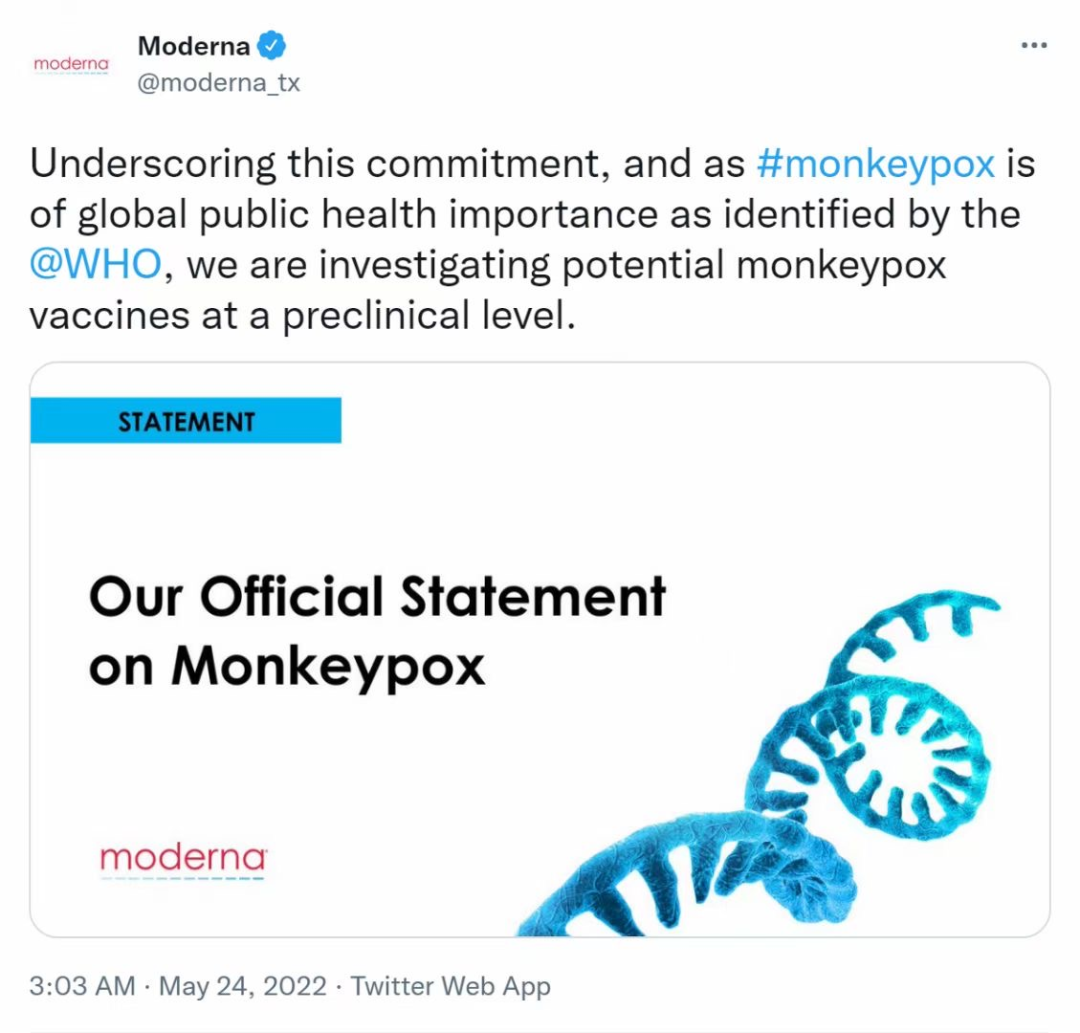 <font color="red">Moderna</font>正在临床前阶段研究mRNA猴痘疫苗