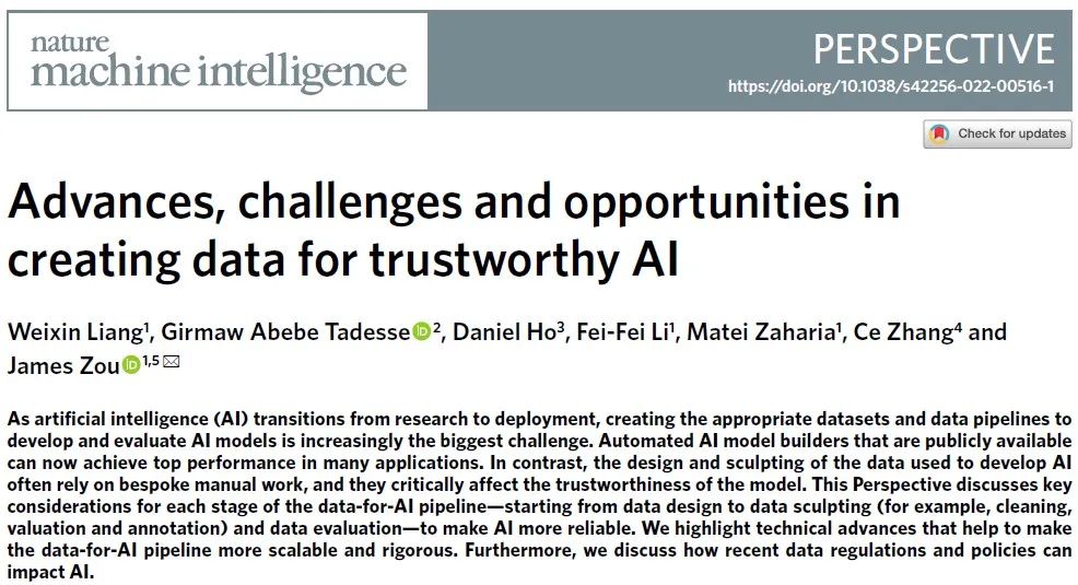 Nat Mach Intel：斯坦福李飞飞团队认为数据设计和数据质量是可信AI的关键